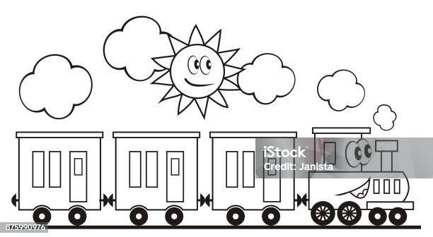 Train Set Three Wagons And Locomotive Funny Vector Illustration Stock Illustration - Download Image Now