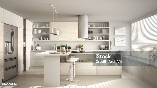 Modern Wooden Kitchen With Wooden Details And Panoramic Window White Minimalistic Interior Design Sunset Sunrise Panorama Stock Photo - Download Image Now