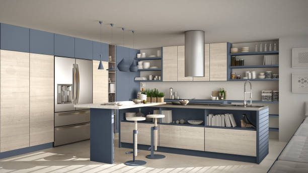 istock Modern wooden kitchen with wooden details, white and blue minimalistic interior design 876001096