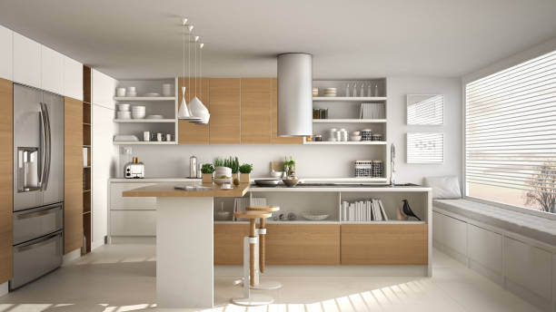 istock Modern wooden kitchen with wooden details and panoramic window, white minimalistic interior design, sunset sunrise panorama 876003282