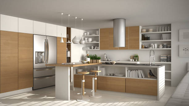 istock Modern wooden kitchen with wooden details, white minimalistic interior design 876003582