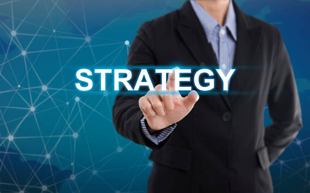 istock Businessman hand pressing button strategy. sign on virtual screen. business concept. 876003904
