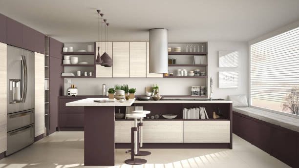 istock Modern wooden kitchen with wooden details and panoramic window, white and red minimalistic interior design, sunset sunrise panorama 876004108
