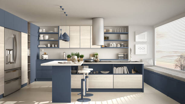 istock Modern wooden kitchen with wooden details and panoramic window, white and blue minimalistic interior design, sunset sunrise panorama 876004820