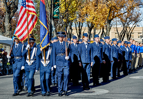 Prescott, Arizona, USA - November 11, 2017: Embry Riddle University Air Force ROTC marching in the Veterans Day Parade