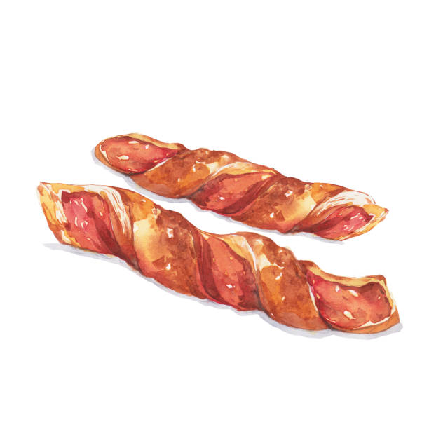 Bacon twist. Watercolor painting isolated on white background. twisted bacon stock illustrations