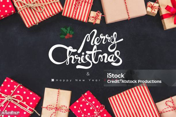 Christmas Gift Boxess On Black Background With New Year Wishes 2018 Stock Photo - Download Image Now