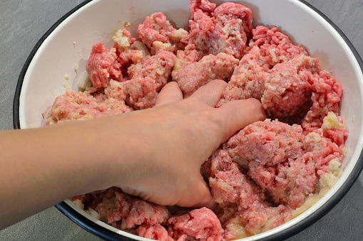 Women's hands mixing minced meat. Stages of preparation of minced meat for steam cutlets. Series.