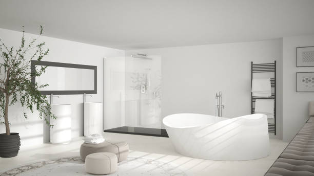 istock Modern classic bathroom with big round carpet, minimalistic white and gray interior design 876026436