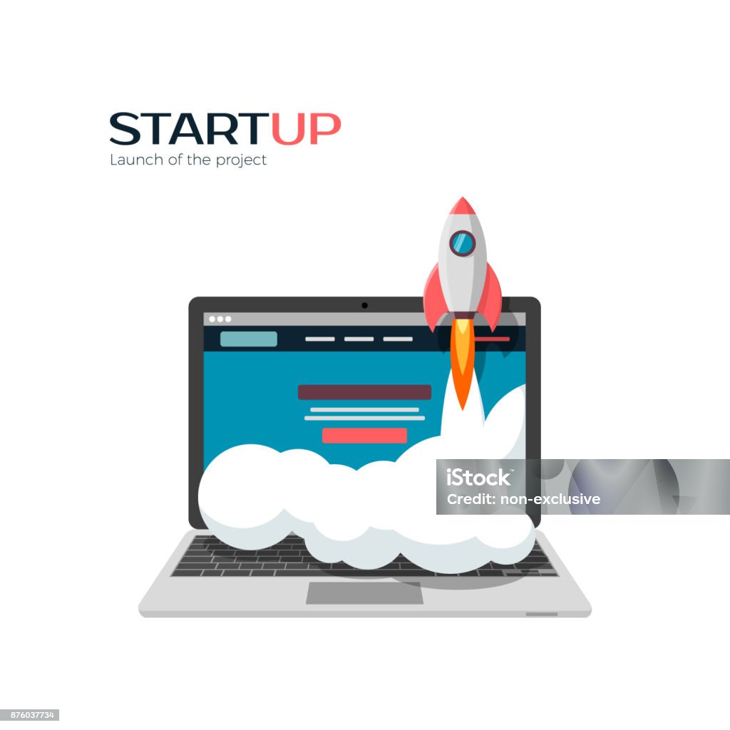 Successful launch of startup project. Vector illustration Rocketship stock vector
