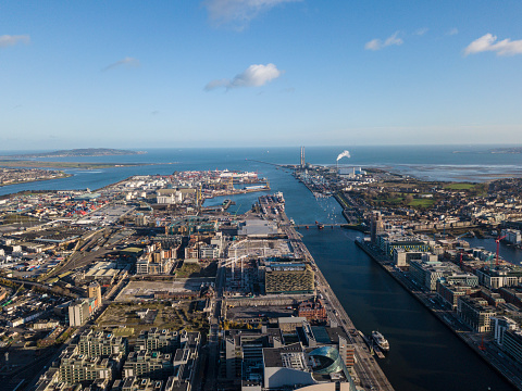 Aerial view of Dublin city centre, along the river Liffey, Dublin, Ireland.