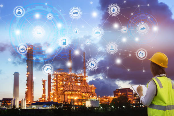 istock Industry 4.0 concept engineering use clipboard with checking and industrial icons on oil refinery industry sunset background. 876041386