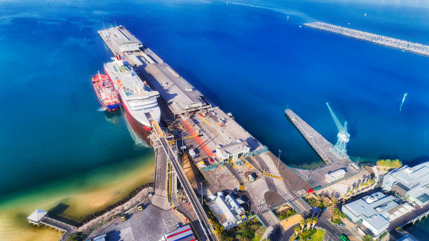 Port Phillip bay Port Melbourne trans tasmanian ferry wharf terminal and port crane - cargo and passenger infrastructure in Melbourne, Australia.