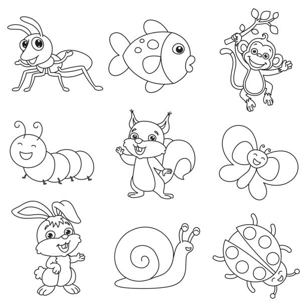 ilustraciones, imágenes clip art, dibujos animados e iconos de stock de ilustración de vector de animales para colorear - cartoon monkey animal tree