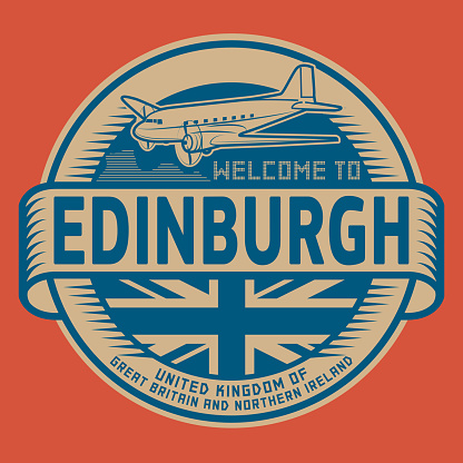 Stamp or label with airplane and text Welcome to Edinburgh, United Kingdom, vector illustration