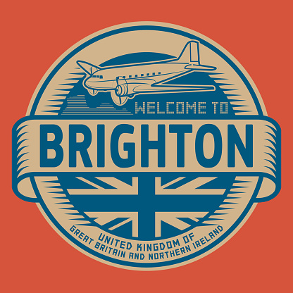 Stamp or label with airplane and text Welcome to London, United Kingdom, vector illustration