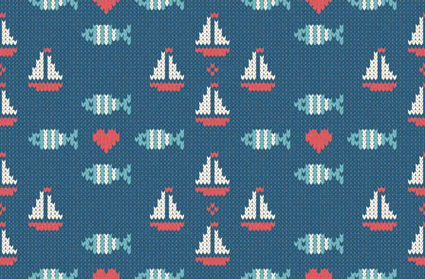 Vector illustration of Sea and nautical backgrounds in white, turquoise, red and dark blue colors. Sea theme. Seamless patterns. Woolen knitted texture. Vector Illustration.