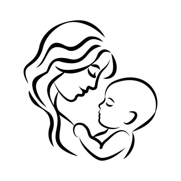 Mother with her baby. Stylized outline symbol. Motherhood, love, mother care. Silhouette, icon, icon, sign. Vector illustration. Mother with her baby. Stylized outline symbol. Motherhood, love, mother care. Silhouette, icon, icon, sign. Vector illustration. mother drawings stock illustrations