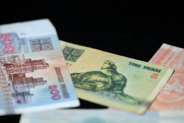 istock Obsolete Belarusian banknotes on a dark background close up 876060374