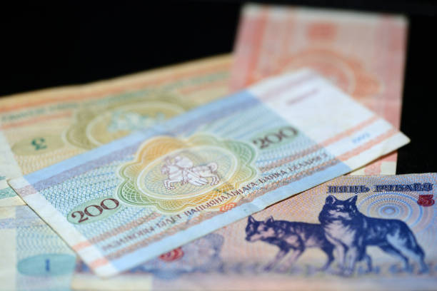 istock Obsolete Belarusian banknotes on a dark background close up 876060390