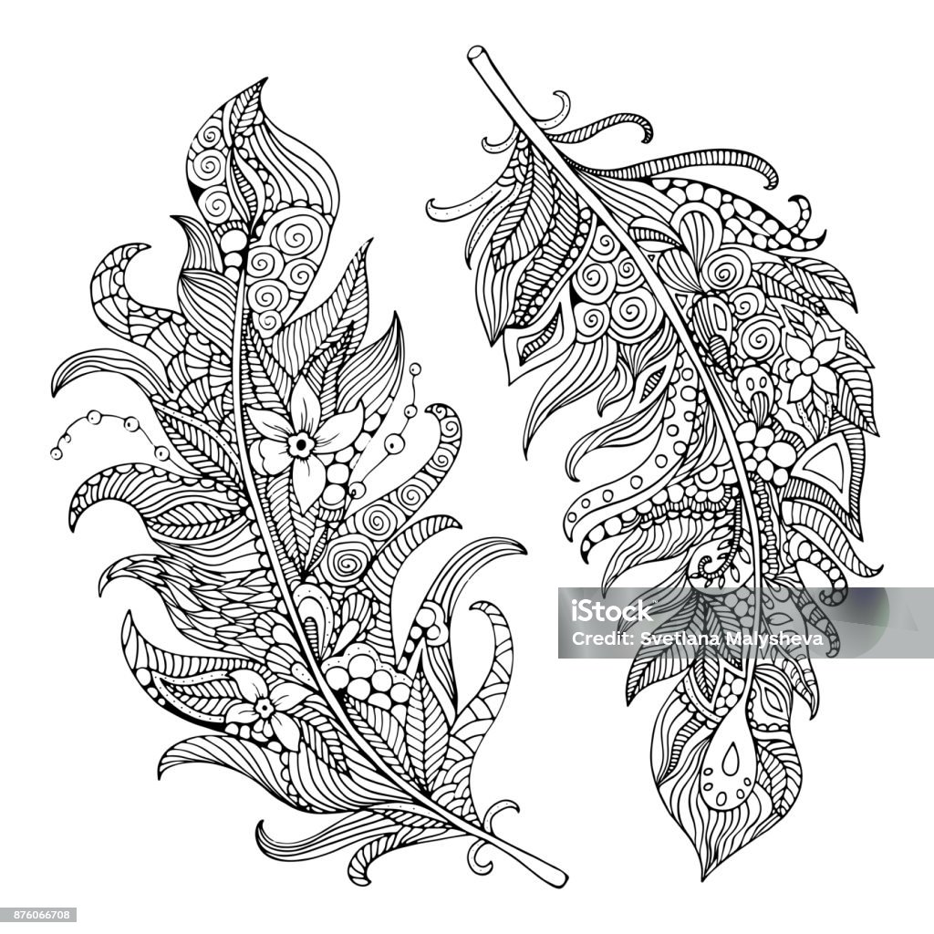 Feather coloring page. Hand-drawing vector illustration Adult stock vector