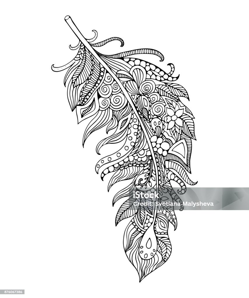 Feather coloring page. Hand-drawing vector illustration Coloring Book Page - Illlustration Technique stock vector