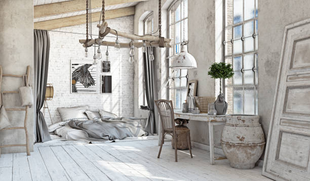 Scandinavian Bedroom interior Scandinavian style interior. Bedroom attic. 3d rendering shabby chic stock pictures, royalty-free photos & images