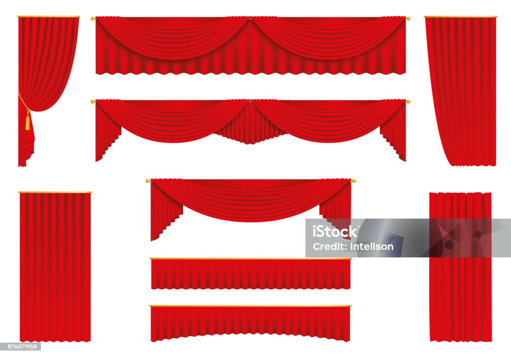 Rideaux rouges, ensemble réaliste - stock vector. - clipart vectoriel de Rideaux libre de droits