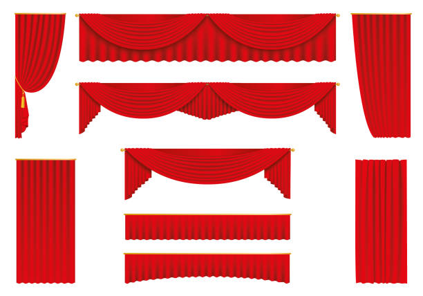 illustrations, cliparts, dessins animés et icônes de rideaux rouges, ensemble réaliste - stock vector. - curtain