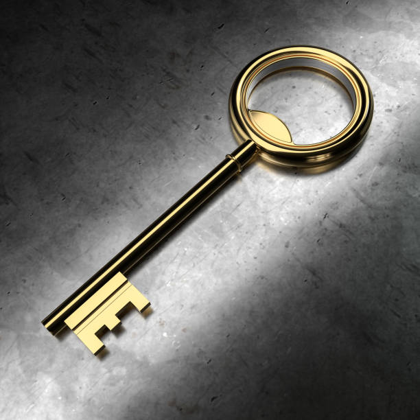 istock Golden Key on Black Metallic Background. 3D Rendering 876096386