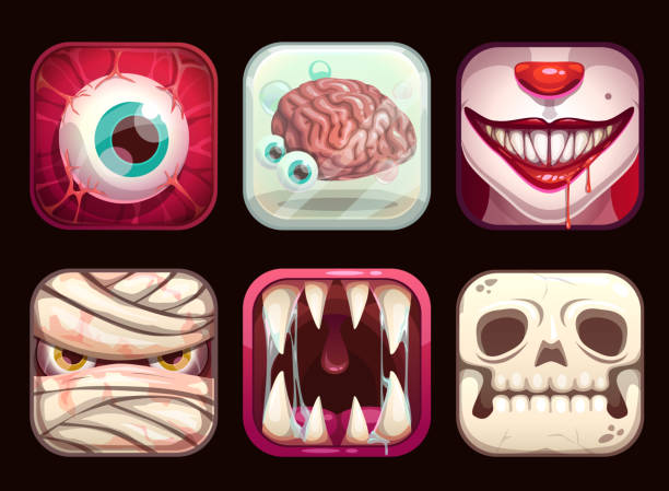 Scary app icons on black background Scary app icons on black background. Cartoon horror Halloween vector illustration set. scary clown mouth stock illustrations