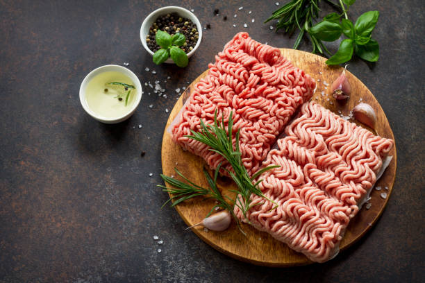 istock Assorted minced pork and beef with fresh leaves of rosemary and basil. Copy space. 876099356