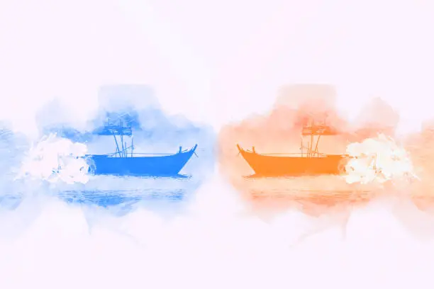 Photo of Abstract Long boat fishing in sea, Fishing boat on watercolor paining background and colorful splash brush to art.