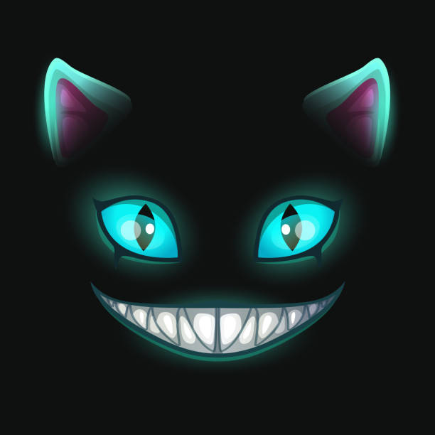 ilustrações de stock, clip art, desenhos animados e ícones de fantasy scary smiling cat face on black background - anger feline animal black