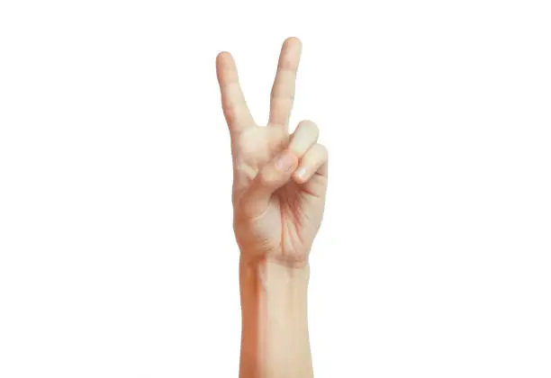 Manicured Hand showing the sign of victory and peace. Close up of male hand showing victory sign isolated on white background. Man hand gesturing peace sign.