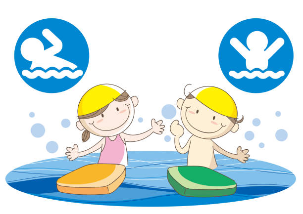 ilustraciones, imágenes clip art, dibujos animados e iconos de stock de de los niños natación escuela imagen - swimwear child inner tube little girls