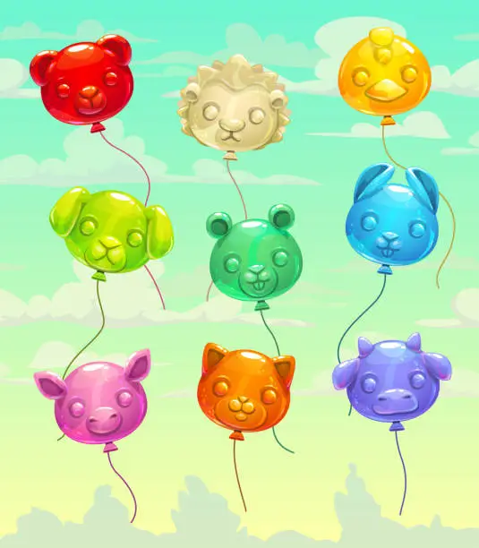 Vector illustration of Colorful glossy flying animal-shaped balloons