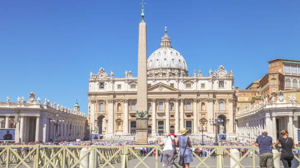 Saint Peter Rome Rome, Lazio, Italy - June 18, 2016: Pope Francesco meeting pilgrim in San Pietro Italian square front of Saint Peter church of Rome. Pope Francesco is speaking to crowd for jubilee. church of san pietro photos stock pictures, royalty-free photos & images