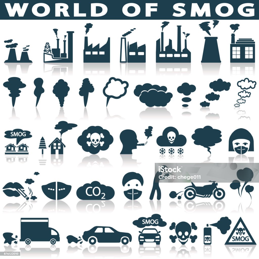 Smog, contaminación iconos conjunto - arte vectorial de Ícono libre de derechos