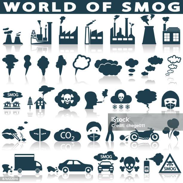 Ilustración de Smog Contaminación Iconos Conjunto y más Vectores Libres de Derechos de Ícono - Ícono, Contaminación ambiental, Humo - Estructura física