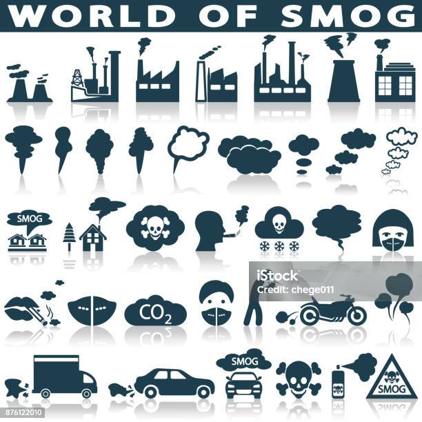 Smog Set Icone Inquinamento - Immagini vettoriali stock e altre immagini di Icona - Icona, Inquinamento, Fumo - Materia