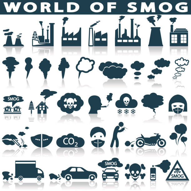 ilustrações de stock, clip art, desenhos animados e ícones de smog, pollution icons set - factory pollution smoke smog