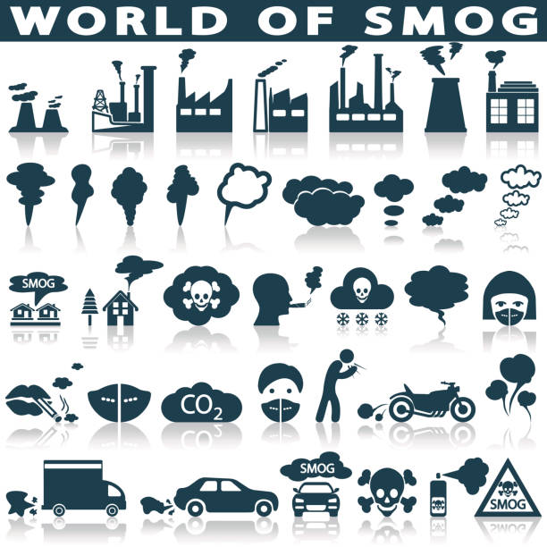 смог, набор иконок загрязнения - factory pollution smoke smog stock illustrations