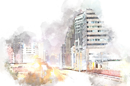 Abstract beautiful Building in capital on watercolor painting background. City on Digital illustration brush to art.