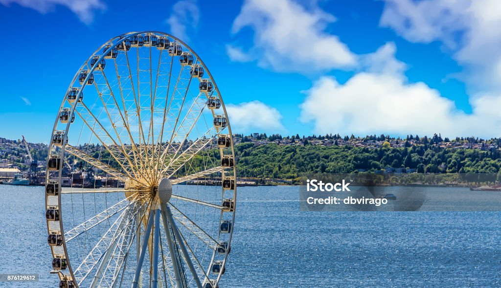 Ferry Past Seattle Ferris Wheel Puget Sound with Ferry Past Seattle Ferris Wheel Pike Place Market Stock Photo