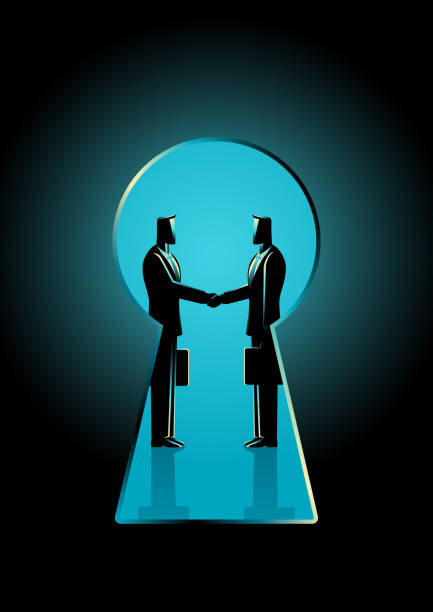 Businessmen shaking hands seen through a keyhole vector art illustration