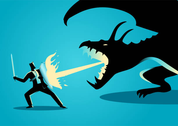 ilustraciones, imágenes clip art, dibujos animados e iconos de stock de empresario que lucha contra un dragón - luchar ilustraciones