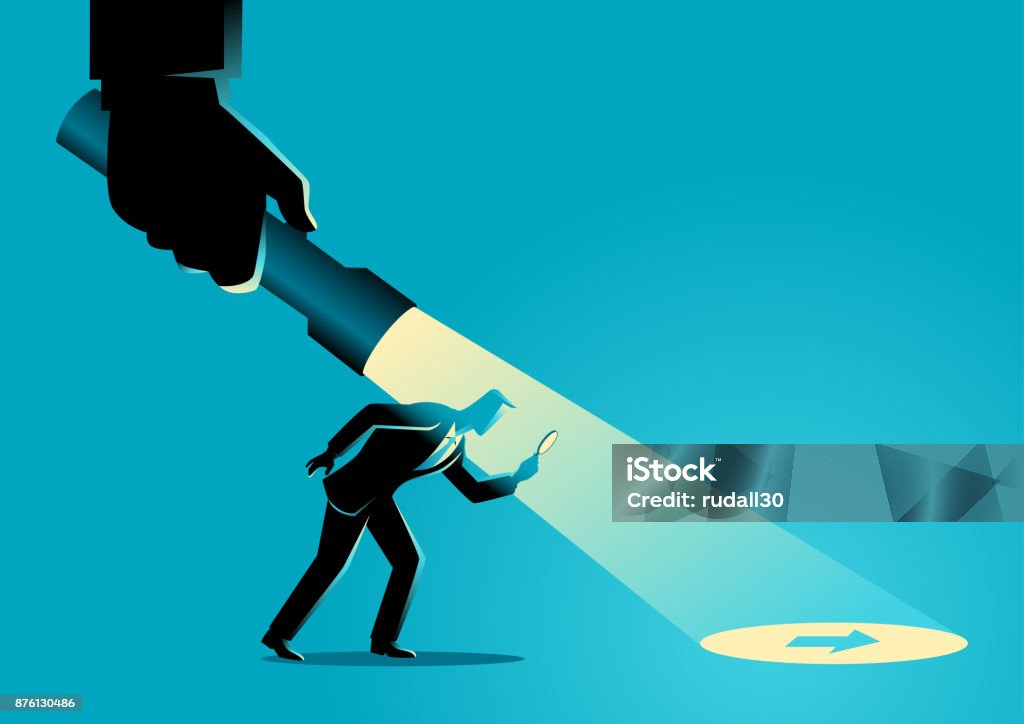 Businessman being guided by a hand holding a flashlight Business concept illustration of a businessman being guided by a hand holding a flashlight uncovering arrow sign. Detective stock vector