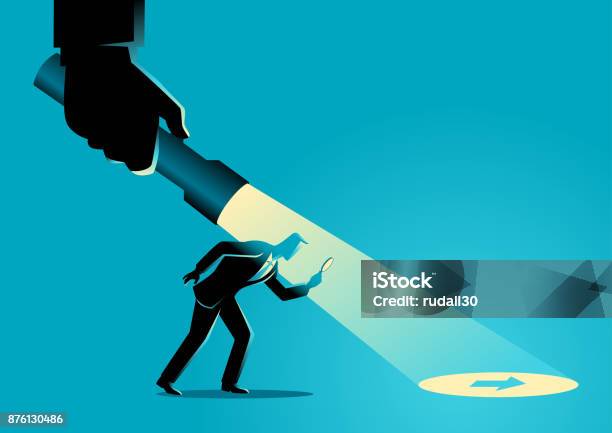 Businessman Being Guided By A Hand Holding A Flashlight Stock Illustration - Download Image Now