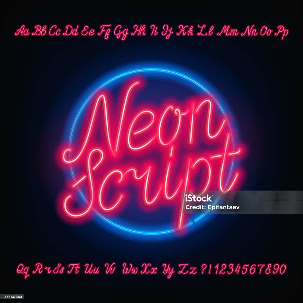 Neon script alphabet font. Red neon uppercase and lowercase letters. Neon script alphabet font. Red neon uppercase and lowercase letters and numbers. Hand drawn vector typeface for your headers or any typography design. Neon Lighting stock vector